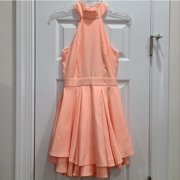 Lulus Dress Rehersal Ruffle Open Back Skater Dress Bright Peach Orange XS - Picture 5 of 8